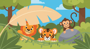 Detailed jungle animals mural wallpaper design pattern featuring lion tiger monkey tropical foliage