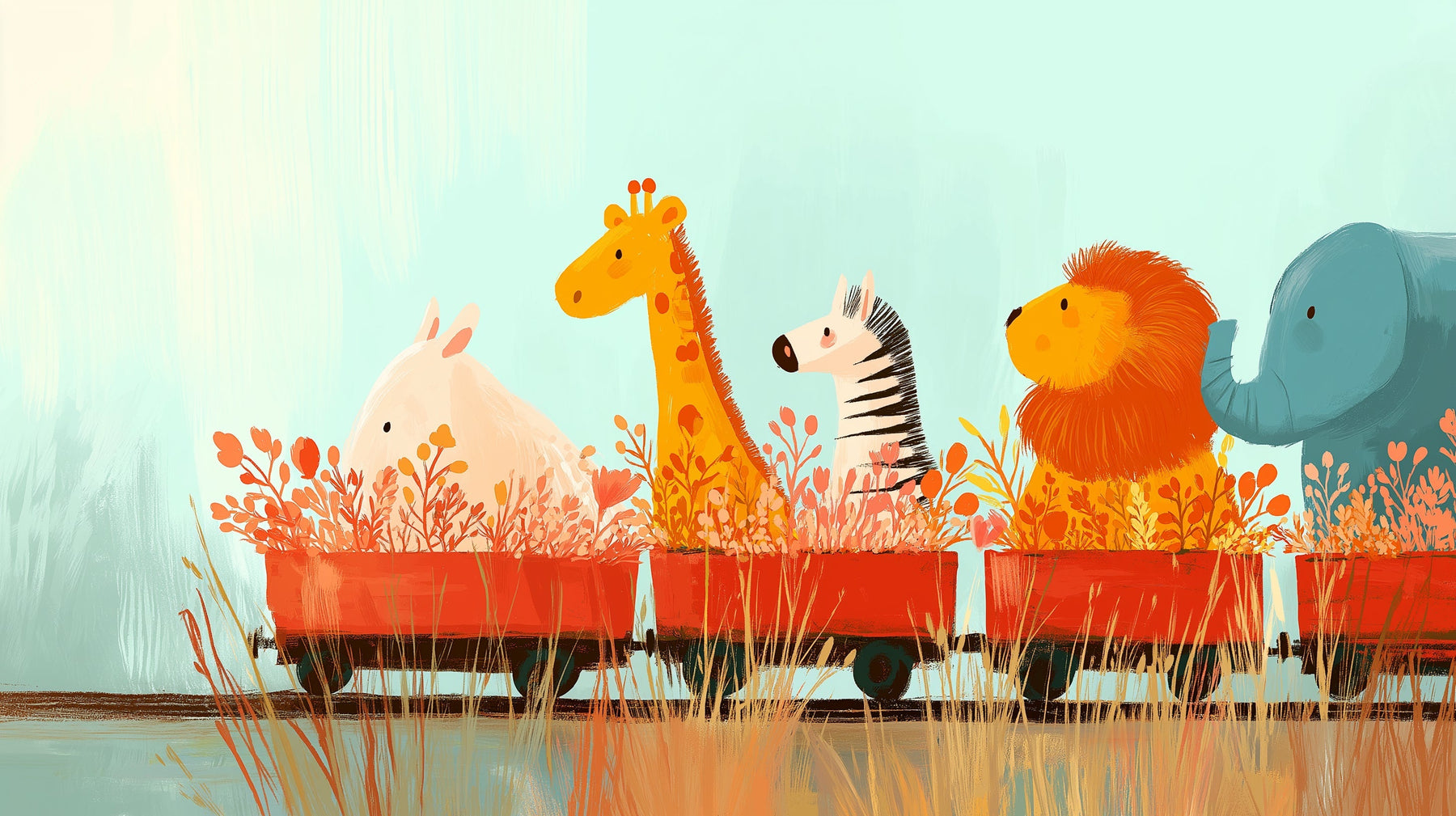 Detailed jungle animals safari train mural wallpaper design pattern by Kids-Mundo