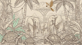 Detailed jungle animals mural wallpaper design pattern with elephants and turtles by Kids-Mundo