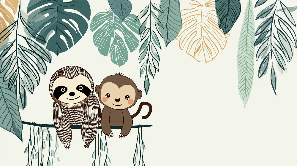 Detailed jungle animals mural wallpaper design pattern featuring sloth and monkey by Kids-Mundo