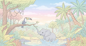Detailed jungle animals mural wallpaper design pattern featuring elephant and toucan by Kids-Mundo