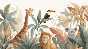 Detailed jungle animals mural wallpaper design pattern with giraffe lion koala toucan by Kids-Mundo