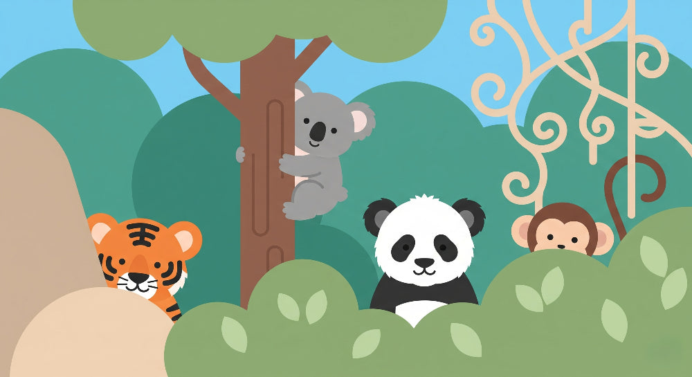Detailed jungle animals mural wallpaper design pattern with koala panda monkey tiger by Kids-Mundo