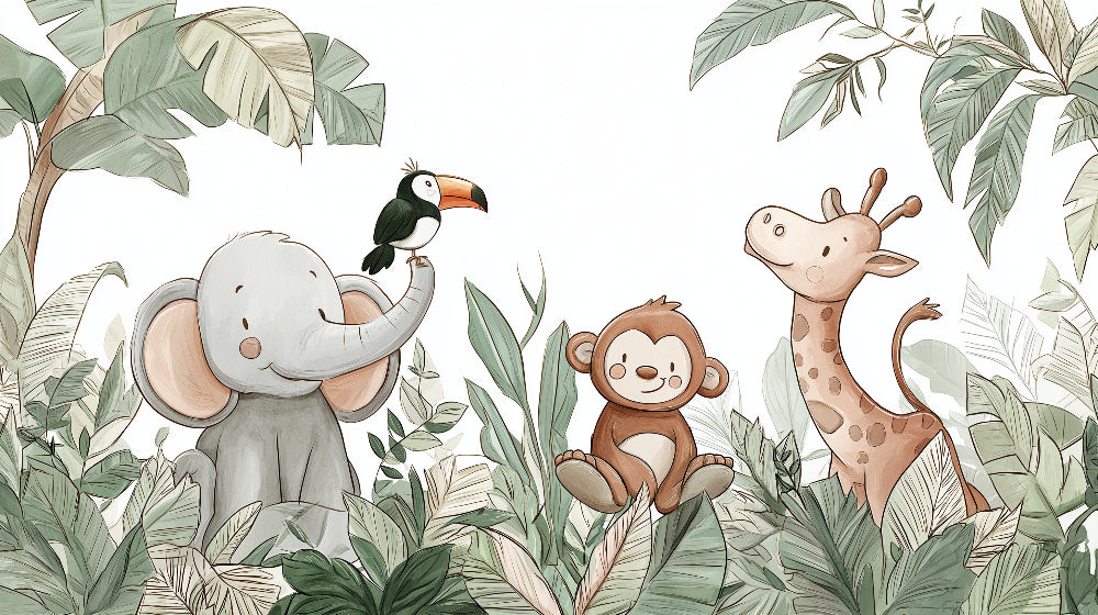 Detailed jungle animals mural wallpaper design pattern with tropical vegetation by Kids-Mundo