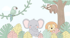 Detailed jungle animals mural wallpaper design pattern featuring elephant, parrot, sloth and lion by Kids-Mundo