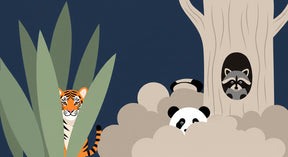 Detailed jungle animals mural wallpaper design pattern featuring tiger panda raccoon by Kids-Mundo