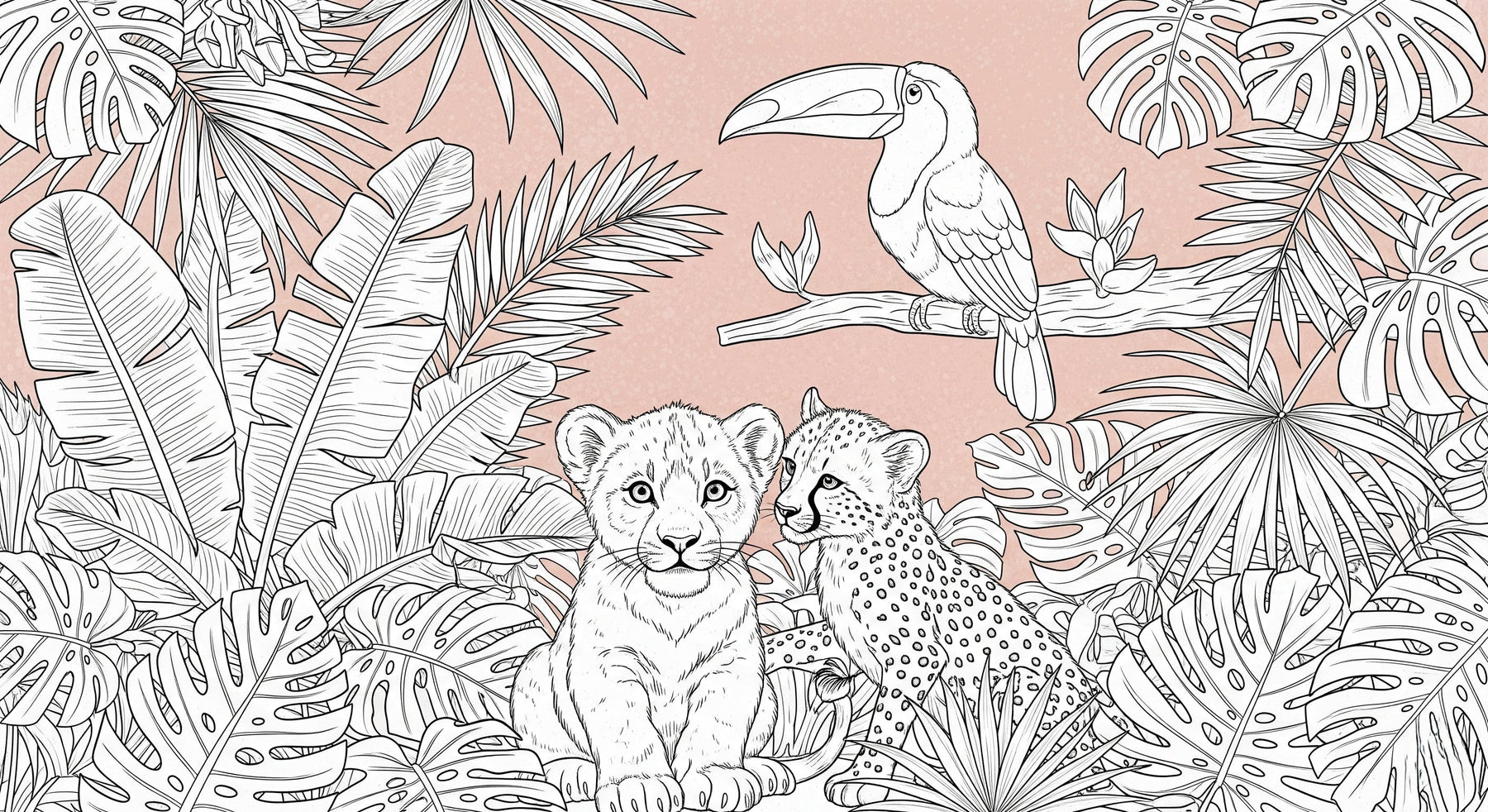 Detailed jungle animals mural wallpaper design pattern with lion cub, cheetah and toucan by Kids-Mundo