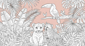 Detailed jungle animals mural wallpaper design pattern with lion cub, cheetah and toucan by Kids-Mundo