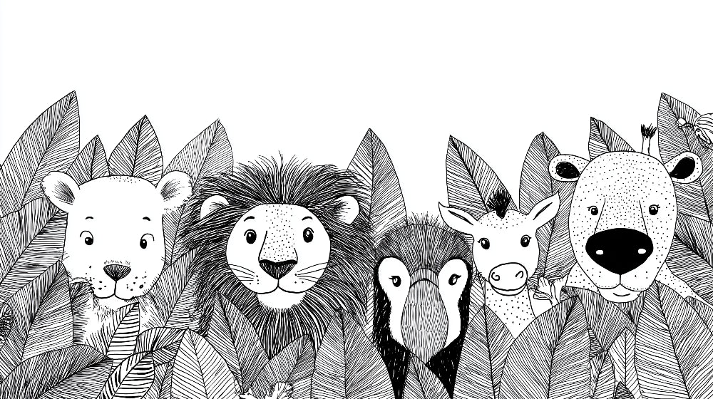 Detailed black and white jungle animals mural wallpaper design pattern with lion giraffe bear by Kids-Mundo