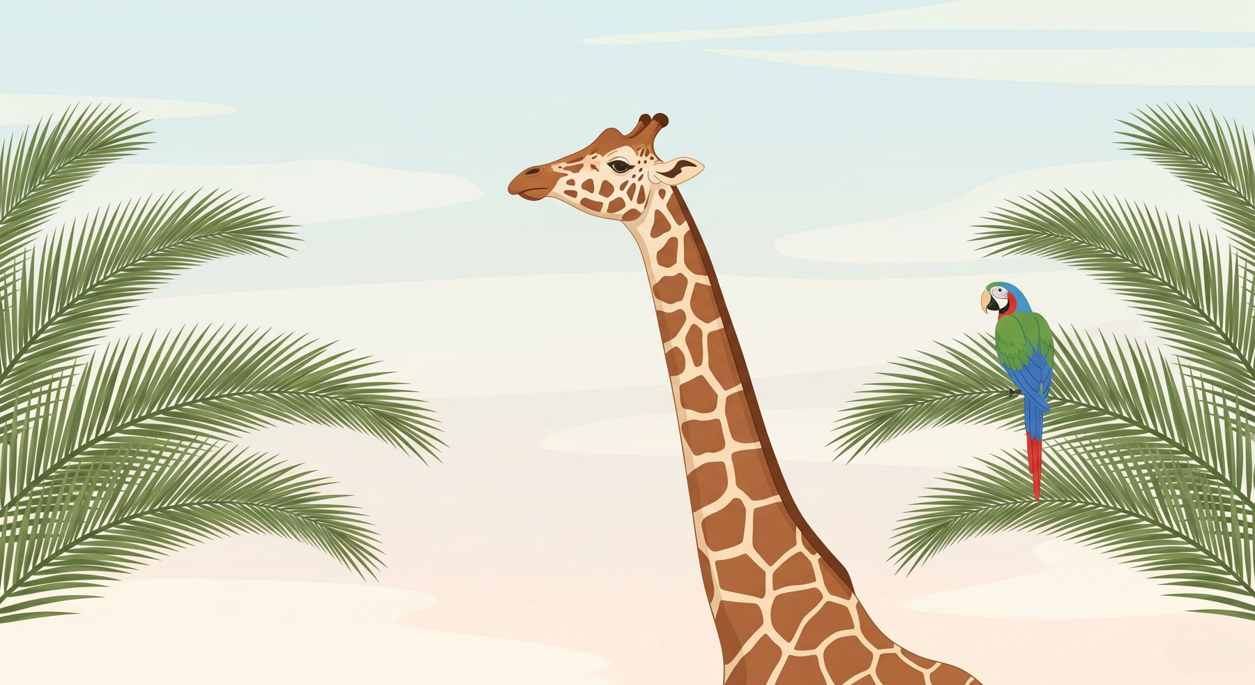 Detailed jungle animals mural wallpaper design pattern with giraffe and parrot by Kids-Mundo