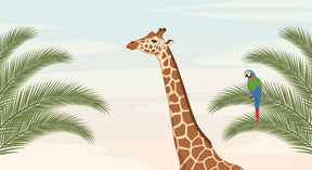 Detailed jungle animals mural wallpaper design pattern with giraffe and parrot by Kids-Mundo