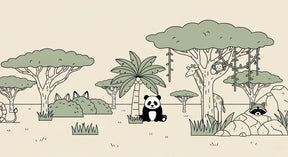 Detailed jungle animals mural wallpaper design pattern featuring panda, giraffe and monkey by Kids-Mundo