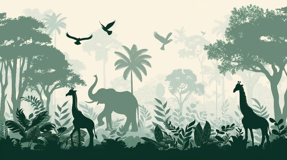 Detailed jungle animals mural wallpaper design pattern featuring elephants and giraffes by Kids-Mundo