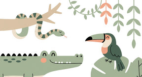 Detailed jungle animals mural wallpaper design pattern showing crocodile, toucan and tropical foliage by Kids-Mundo