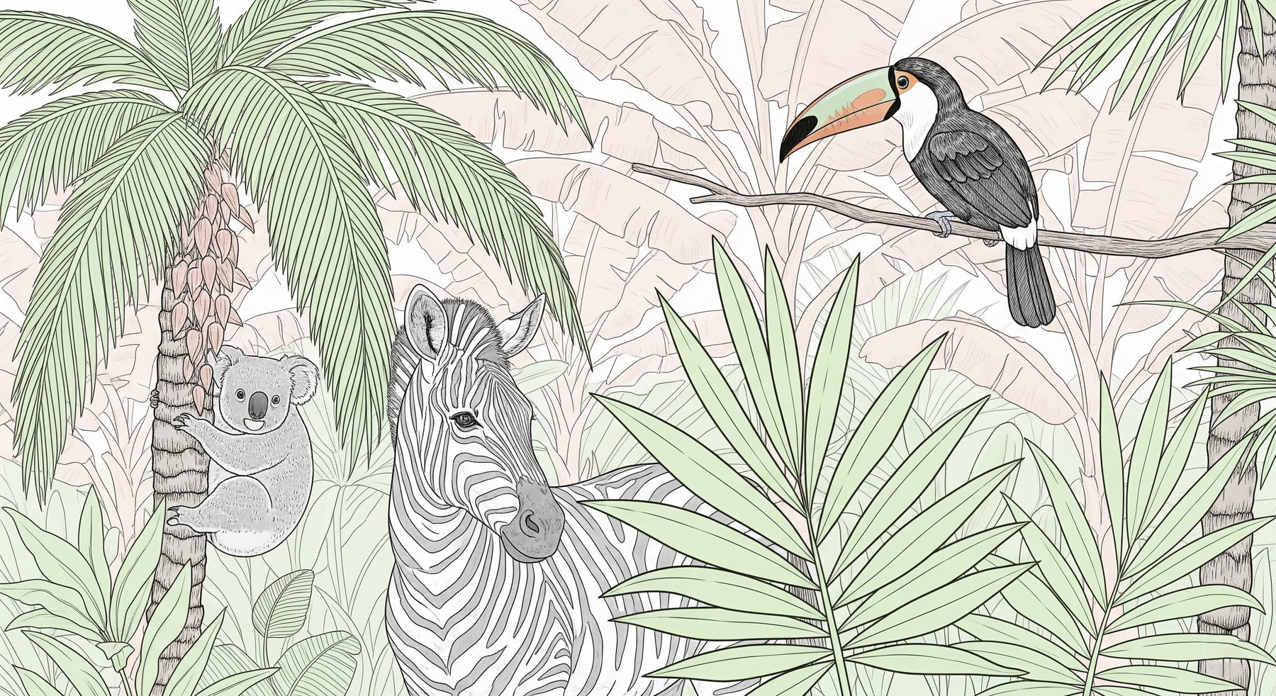 Detailed jungle animals mural wallpaper design pattern with koala zebra toucan by Kids-Mundo