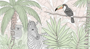 Detailed jungle animals mural wallpaper design pattern with koala zebra toucan by Kids-Mundo