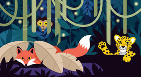 Detailed jungle animals mural wallpaper design pattern with fox, leopard and monkey by Kids-Mundo