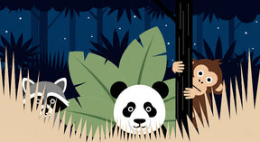 Detailed jungle animals mural wallpaper design pattern with panda monkey raccoon by Kids-Mundo