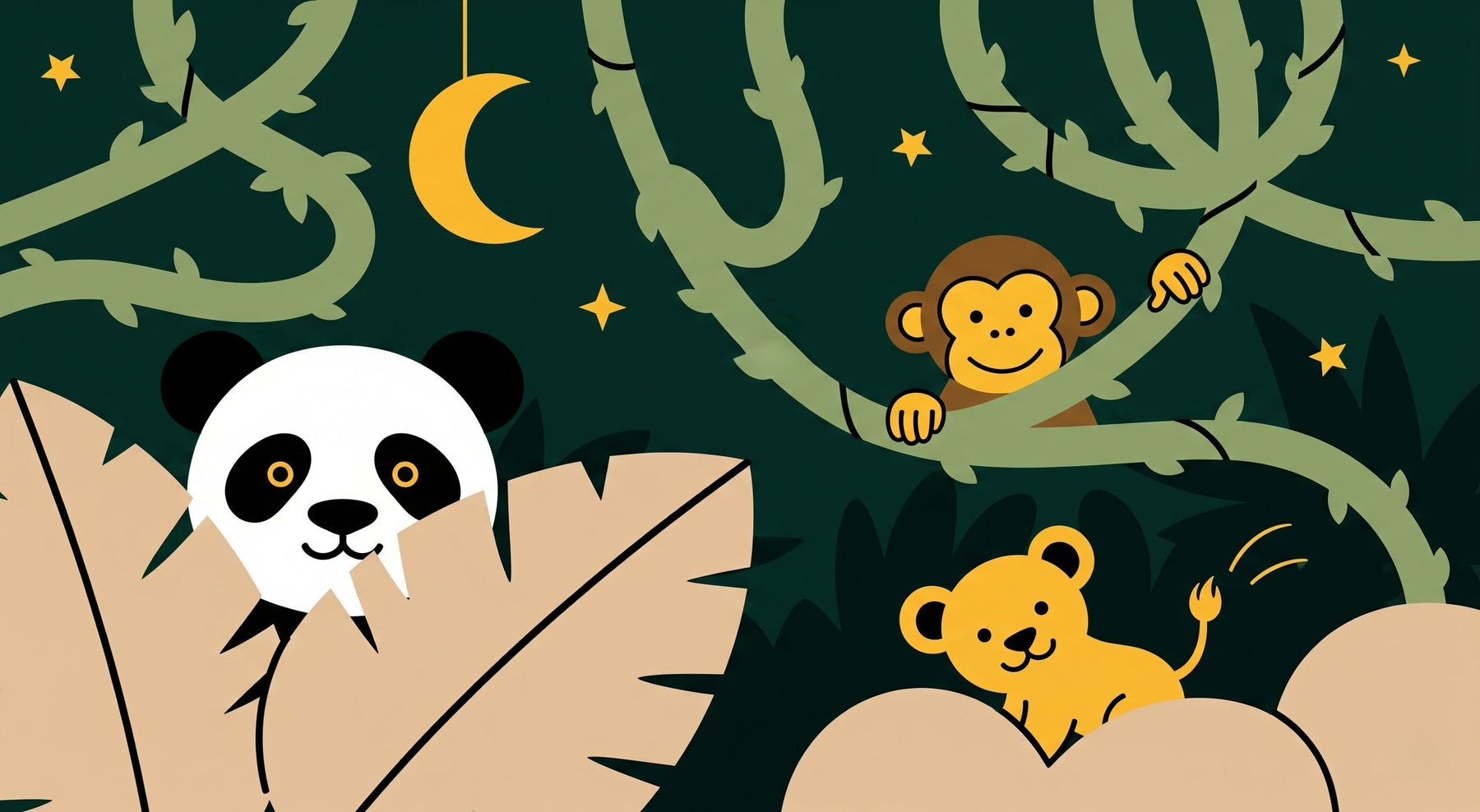 Detailed jungle animals mural wallpaper design pattern with panda, lion and monkey by Kids-Mundo