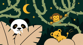 Detailed jungle animals mural wallpaper design pattern with panda, lion and monkey by Kids-Mundo
