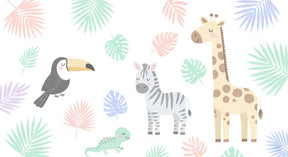 Detailed jungle animals mural wallpaper design pattern with tropical foliage by Kids-Mundo