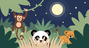 Detailed nocturnal jungle animals mural wallpaper design pattern featuring monkeys, pandas and lion cubs by Kids-Mundo