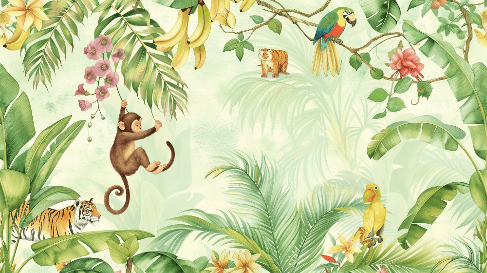 Detailed jungle animals mural wallpaper design pattern with tropical foliage by Kids-Mundo