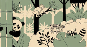 Detailed jungle animals mural wallpaper design pattern with tropical foliage by Kids-Mundo