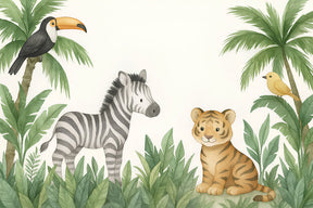 Detailed jungle animals mural wallpaper design pattern featuring zebra tiger toucan by Kids-Mundo