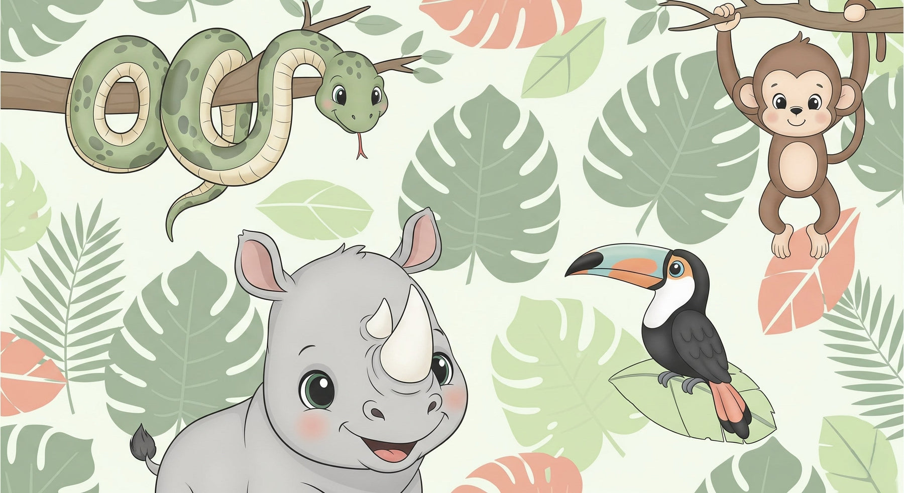 Detailed jungle animals mural wallpaper design pattern showing tropical safari characters by Kids-Mundo