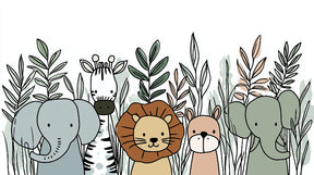 Detailed jungle safari animals mural wallpaper design pattern with elephant, lion, bear and zebra by Kids-Mundo