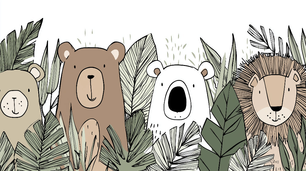 Detailed jungle animals mural wallpaper design pattern showing bears and lions by Kids-Mundo