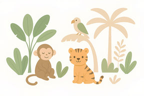 Detailed jungle animals mural wallpaper design pattern showing monkey and tiger with foliage by Kids-Mundo