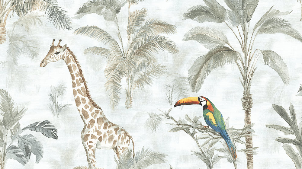 Detailed watercolor jungle animals mural wallpaper design pattern with giraffe and toucan by Kids-Mundo