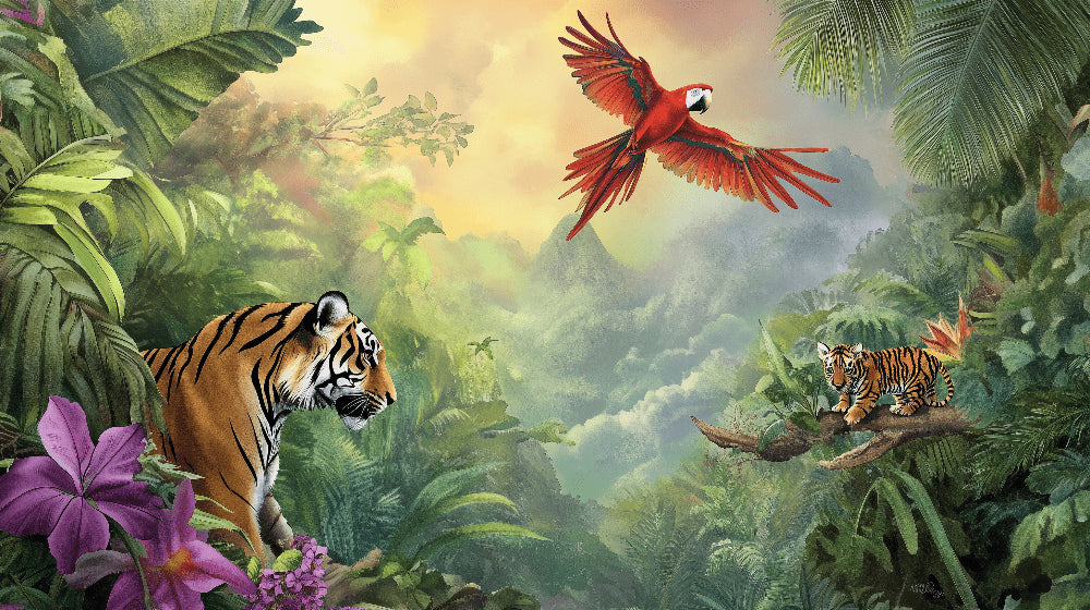 Detailed jungle animals mural wallpaper design pattern with tigers and parrots by Kids-Mundo