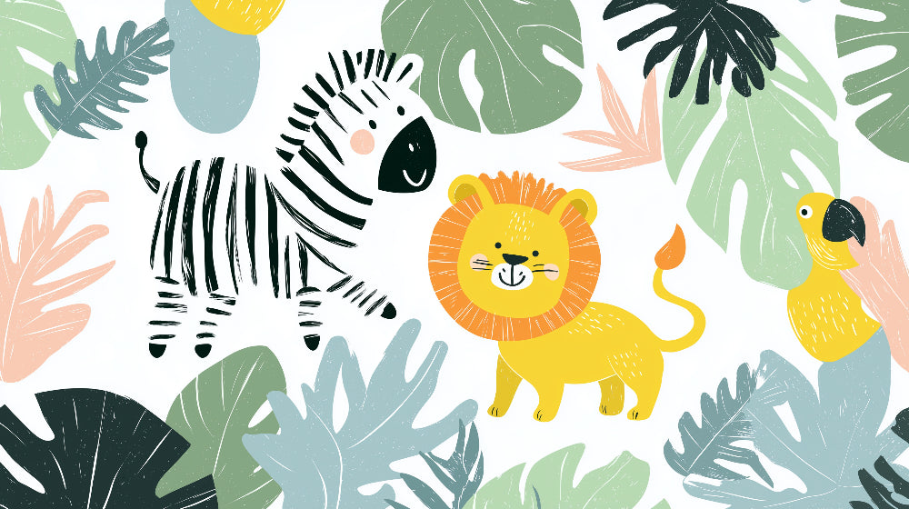 Detailed jungle animals mural wallpaper design pattern with zebra lion and parrot by Kids-Mundo