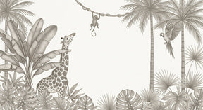 Detailed monochrome jungle animals mural wallpaper design pattern featuring giraffe and monkey by Kids-Mundo