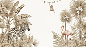 Detailed jungle animals mural wallpaper design pattern featuring zebra, flamingo and monkey by Kids-Mundo
