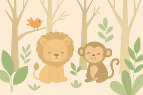 Detailed jungle animals mural wallpaper design pattern with lion monkey and bird by Kids-Mundo