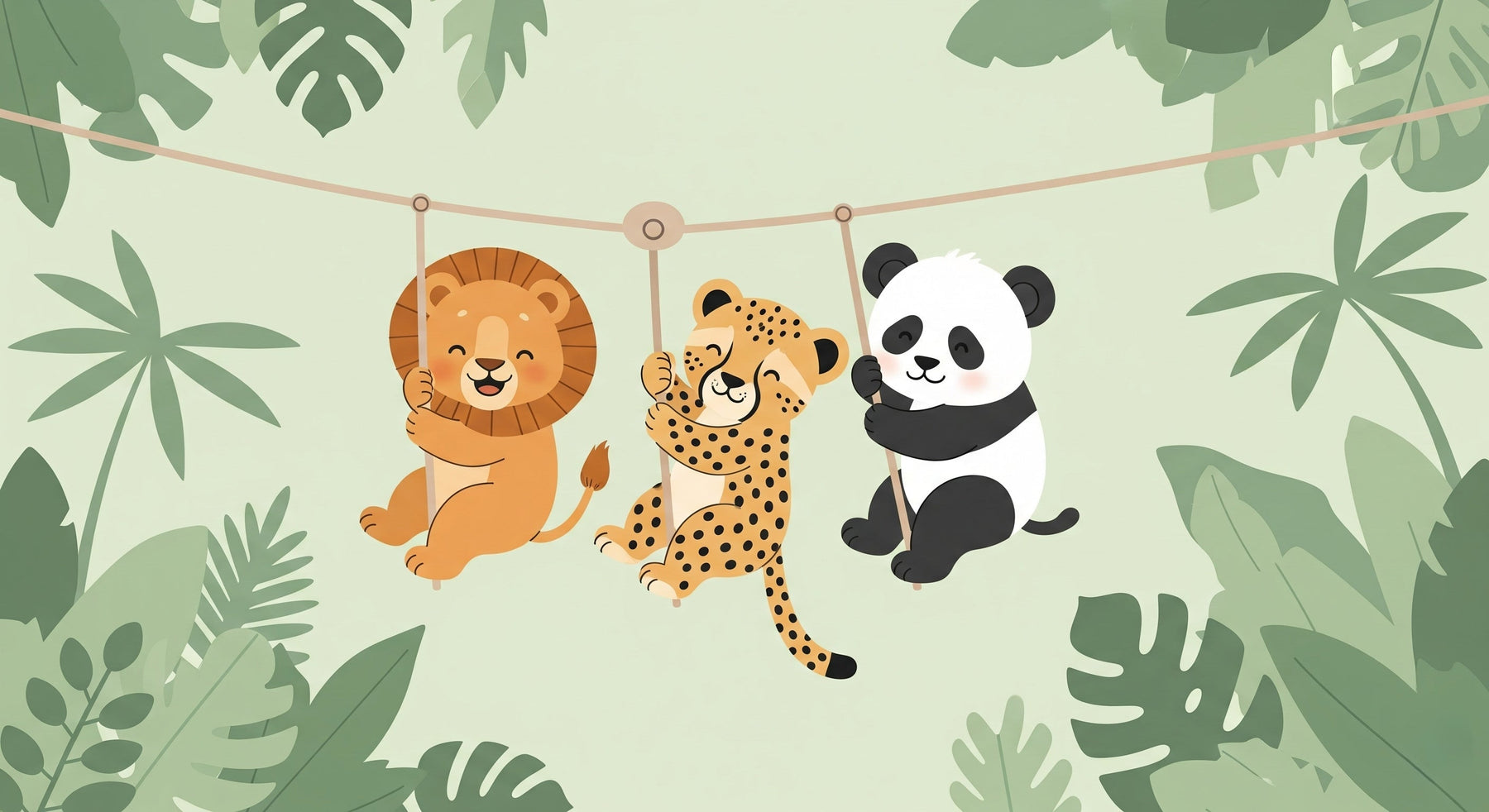 Detailed jungle animals mural wallpaper design pattern with hanging safari friends by Kids-Mundo