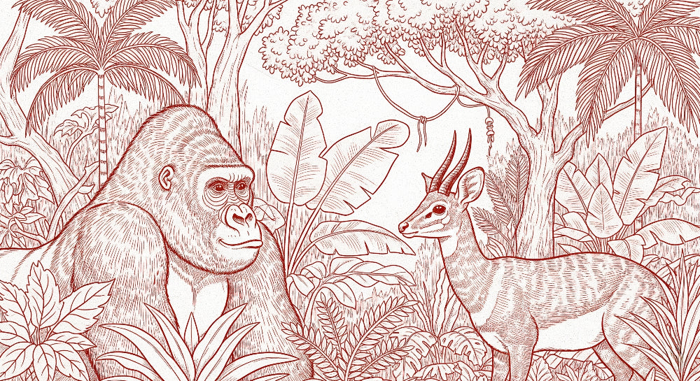 Detailed jungle animals mural wallpaper design pattern featuring gorilla and antelope by Kids-Mundo