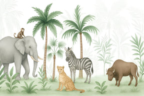 Detailed jungle safari animals mural wallpaper design pattern featuring elephant zebra leopard by Kids-Mundo