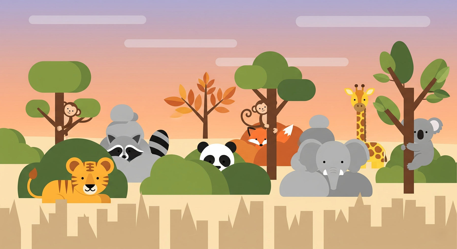 Detailed jungle animals mural wallpaper design pattern with safari wildlife in coral and green tones by Kids-Mundo