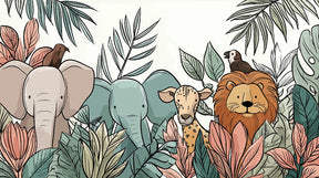 Detailed jungle animals and foliage mural wallpaper design pattern by Kids-Mundo