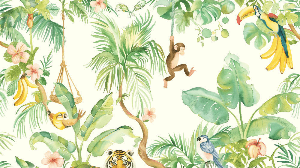 Detailed tropical jungle animals mural wallpaper design pattern featuring monkeys, sloths and parrots by Kids-Mundo