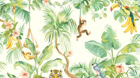 Detailed tropical jungle animals mural wallpaper design pattern featuring monkeys, sloths and parrots by Kids-Mundo