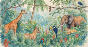 Detailed watercolor jungle animals mural wallpaper design pattern with wildlife safari theme by Kids-Mundo