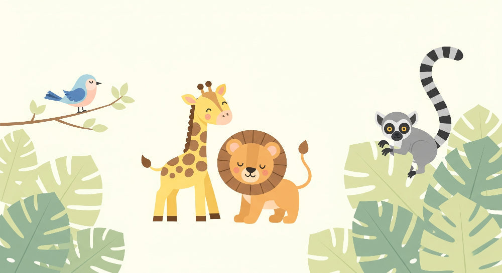 Detailed jungle animals mural wallpaper design pattern showing giraffe lion lemur by Kids-Mundo