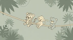 Detailed jungle animals mural wallpaper design pattern showing leopard, monkey and teddy bear by Kids-Mundo