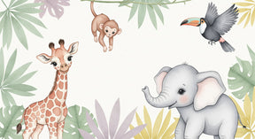 Detailed jungle animals mural wallpaper design pattern with colorful foliage by Kids-Mundo